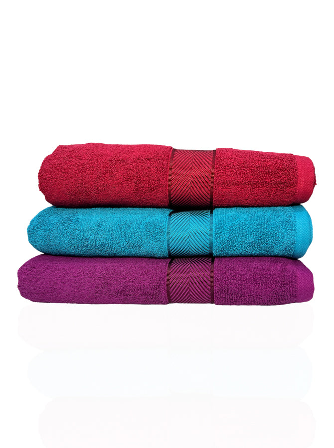 3-Piece 100% Cotton 600 GSM Quick Dry Highly Absorbent Thick Soft Hotel Quality For Bath And Spa Bathroom Towel Set Multicolor: Red, Vivid Sky Blue and Shocking Pink 70x140cm